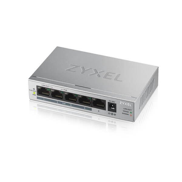 Коммутатор PoE+ Zyxel GS1005HP, 5xGE (4xPoE+), настольный, металлический, бесшумный, бюджет PoE 60 Вт