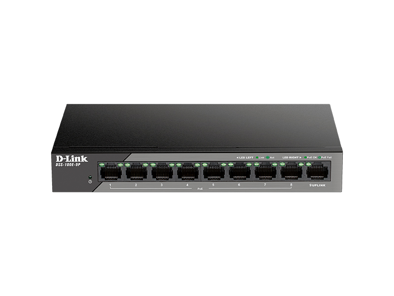 Неуправляемый коммутатор с 8 портами 10/100Base-TX и 1 портом 10/100/1000Base-T (8 портов PoE 802.3af/at, PoE‐бюджет 92 Вт, дальность до 250 м)